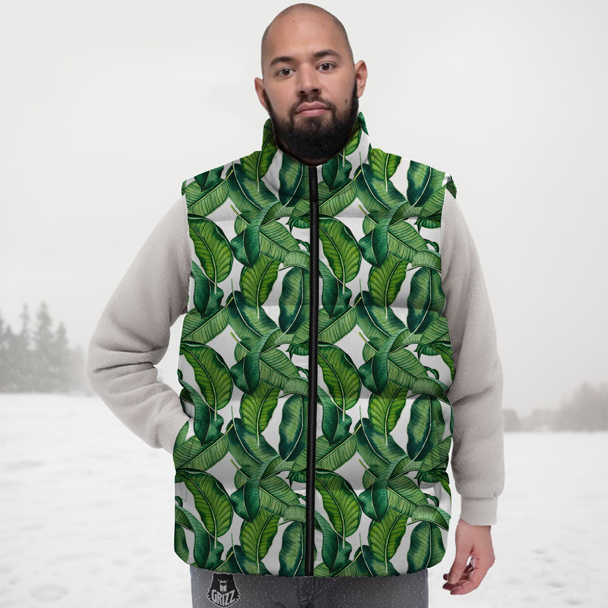 Banana Tropical Green Print Pattern Down Vest-grizzshop