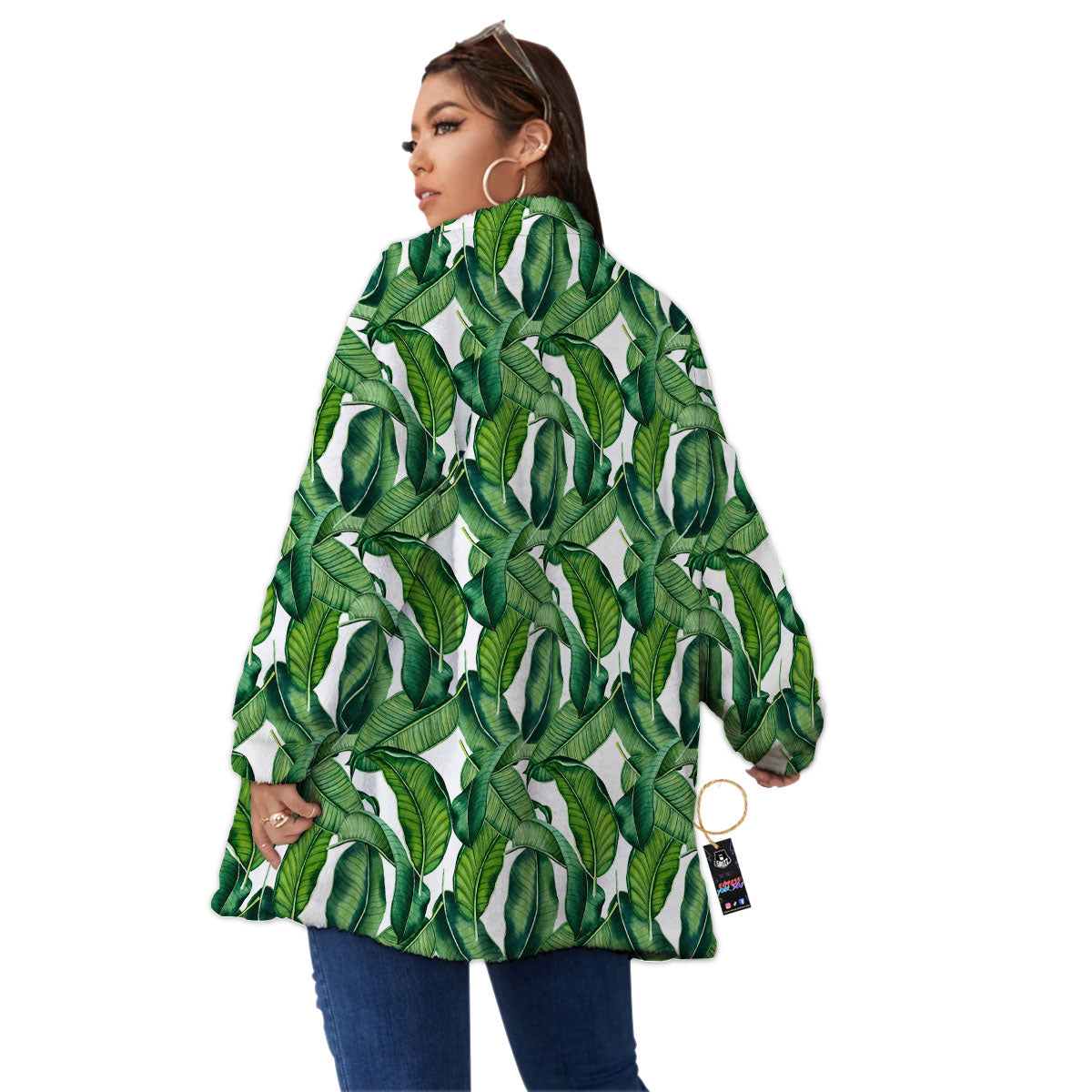 Banana Tropical Green Print Pattern Women's Sherpa Jacket-grizzshop