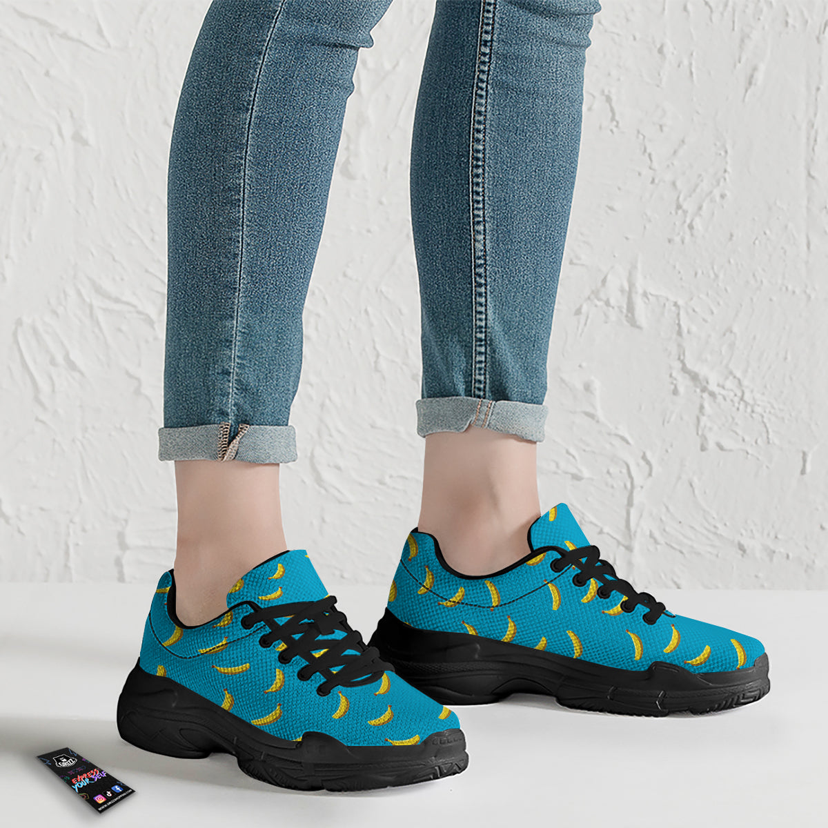 Banana Turquoise Print Pattern Black Chunky Shoes-grizzshop