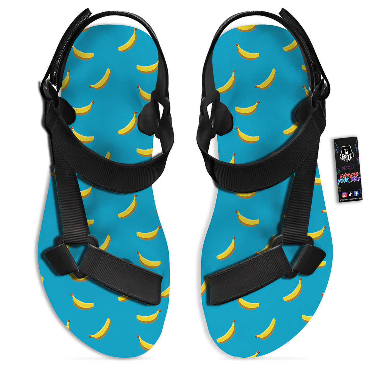 Banana Turquoise Print Pattern Black Open Toe Sandals-grizzshop