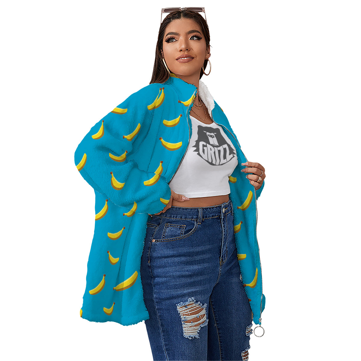 Banana Turquoise Print Pattern Women's Sherpa Jacket-grizzshop