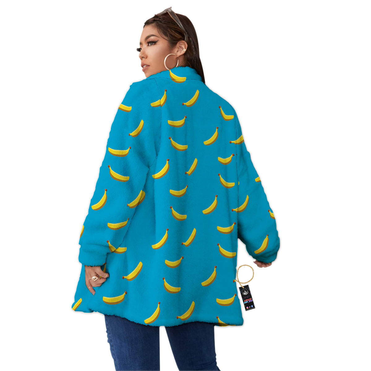 Banana Turquoise Print Pattern Women's Sherpa Jacket-grizzshop