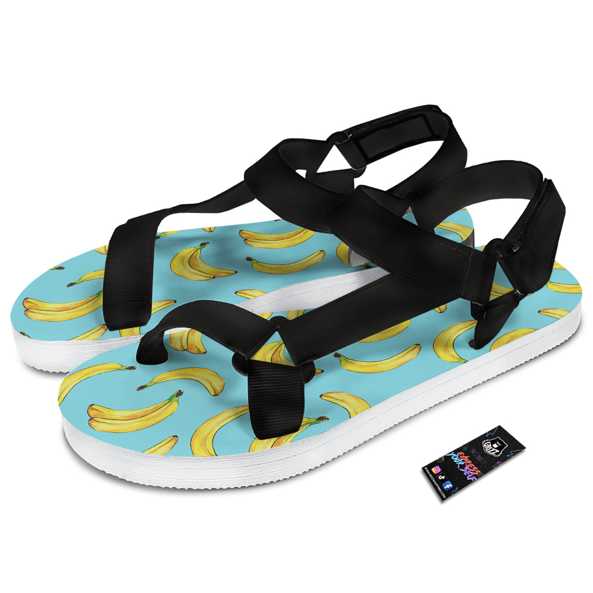 Banana Watercolor Print Pattern Black Open Toe Sandals-grizzshop