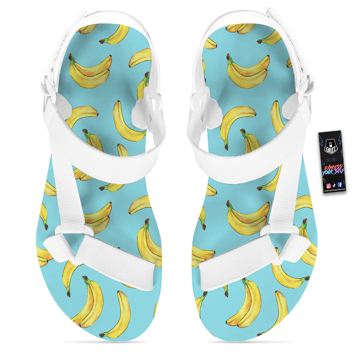 Banana Watercolor Print Pattern White Open Toe Sandals-grizzshop