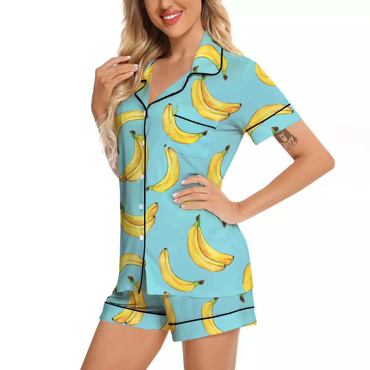 Banana Watercolor Print Pattern Women Silk Pajamas-grizzshop