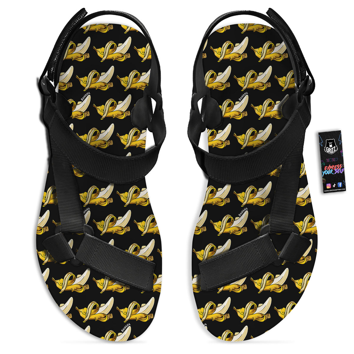 Banana Yellow And Black Print Pattern Black Open Toe Sandals-grizzshop