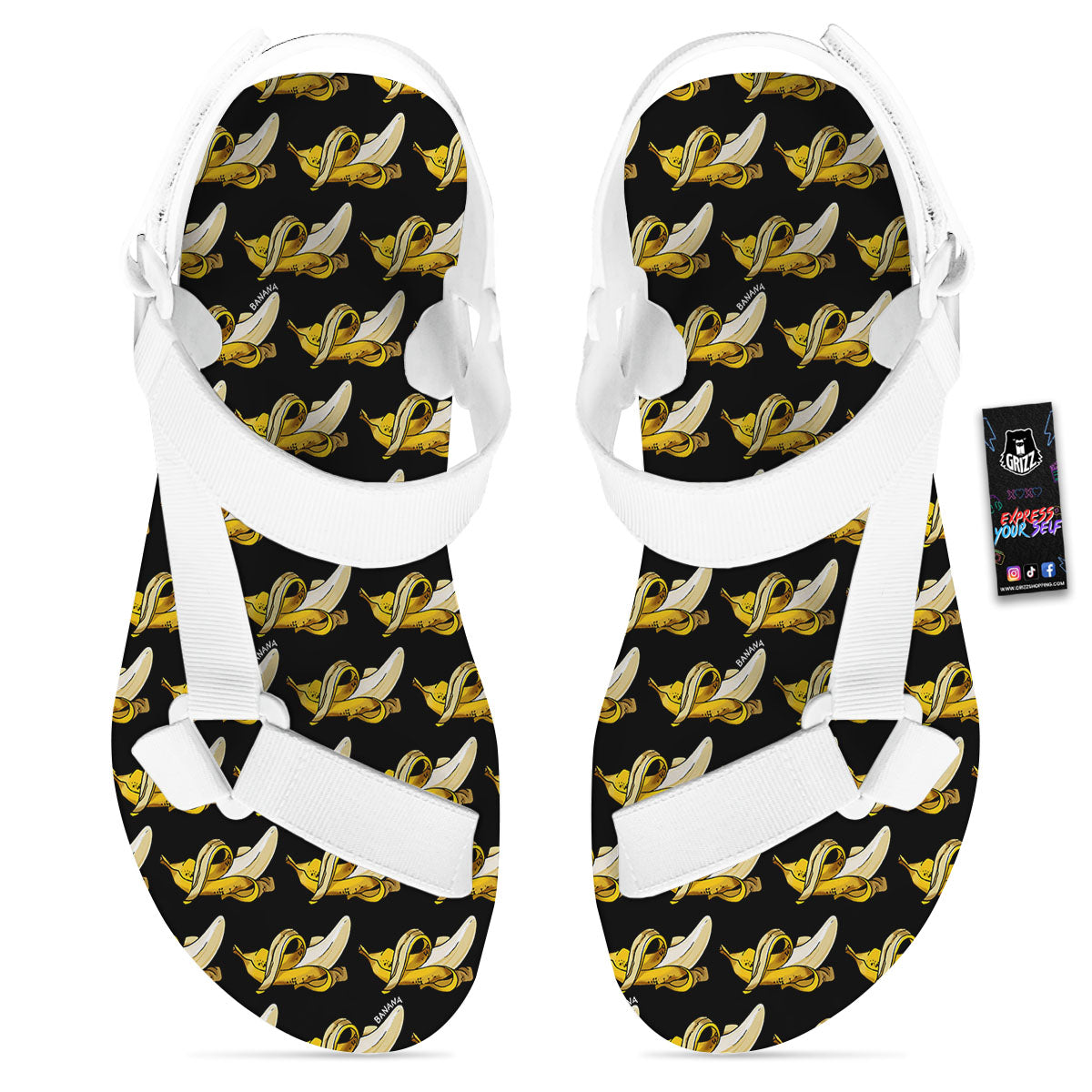 Banana Yellow And Black Print Pattern White Open Toe Sandals-grizzshop