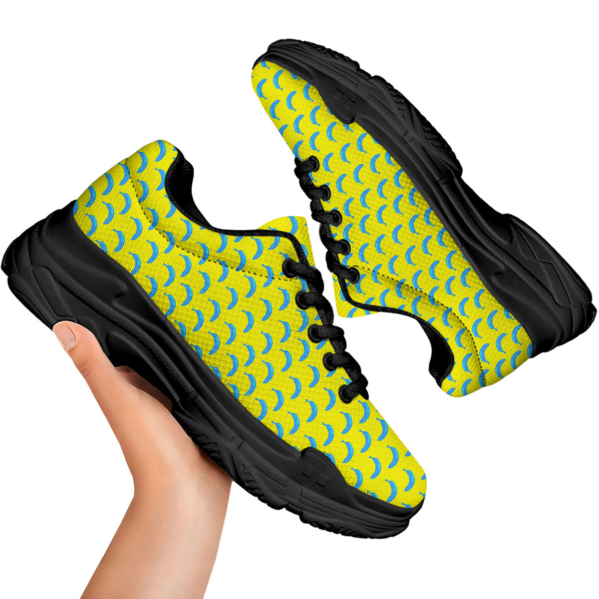 Banana Yellow And Blue Print Pattern Black Chunky Shoes-grizzshop