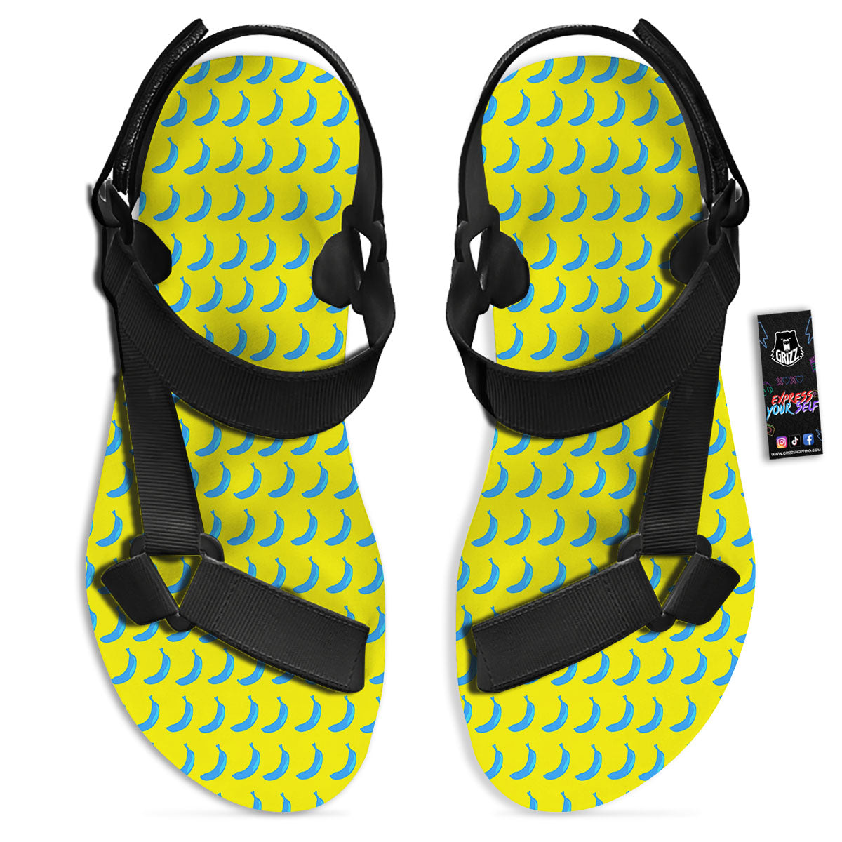 Banana Yellow And Blue Print Pattern Black Open Toe Sandals-grizzshop
