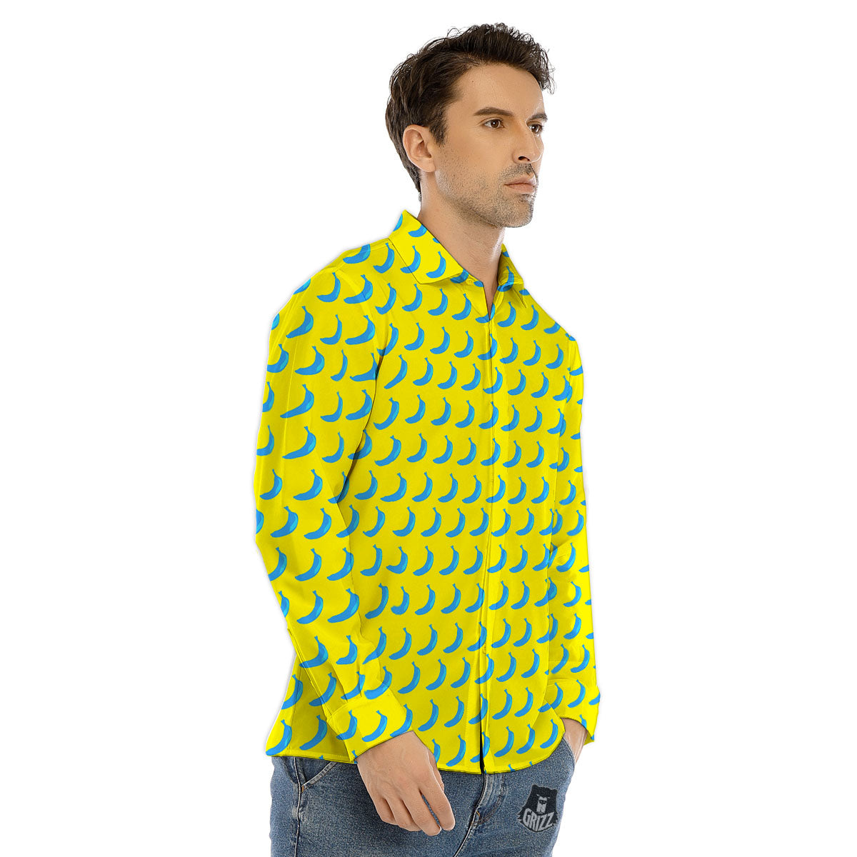 Banana Yellow And Blue Print Pattern Men's Dress Shirts-grizzshop