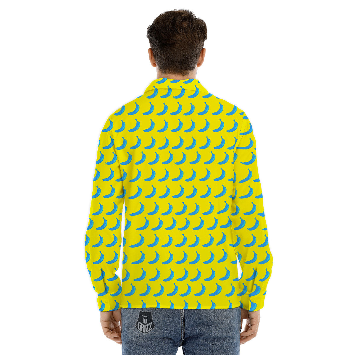 Banana Yellow And Blue Print Pattern Men's Dress Shirts-grizzshop