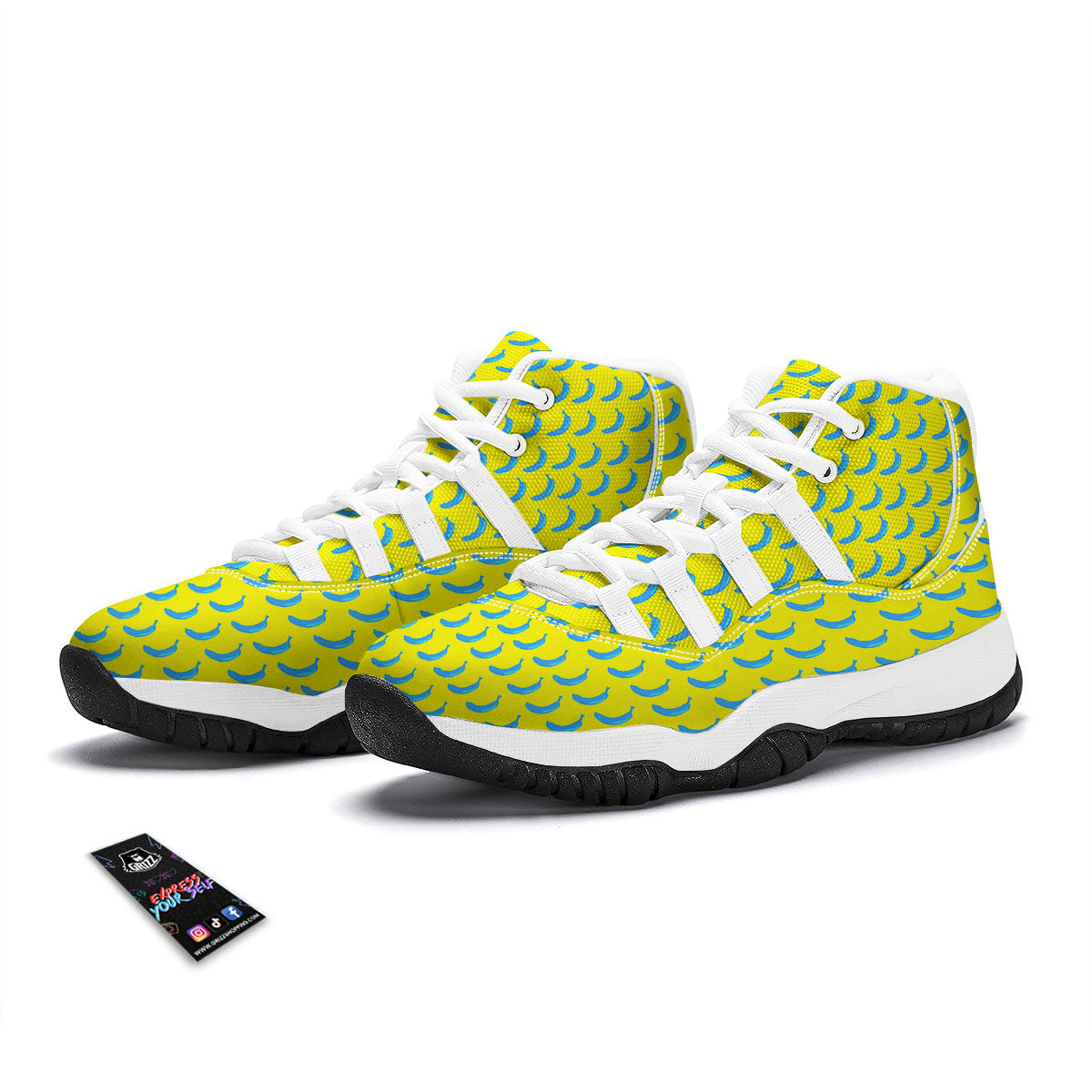Banana Yellow And Blue Print Pattern White Bball Shoes-grizzshop