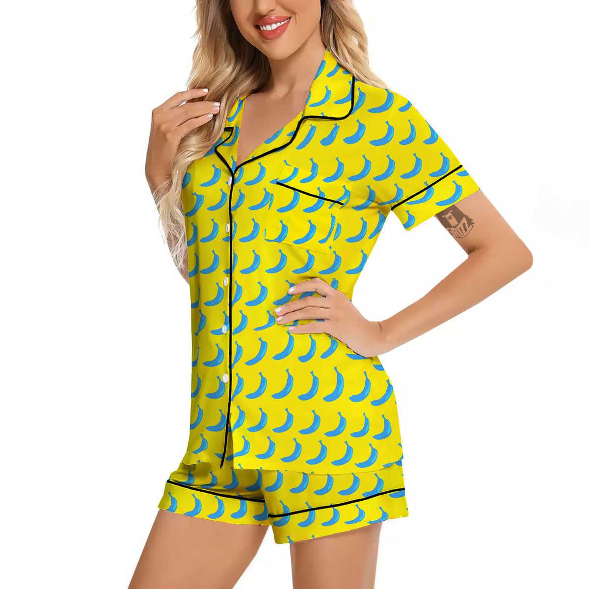 Banana Yellow And Blue Print Pattern Women Silk Pajamas-grizzshop