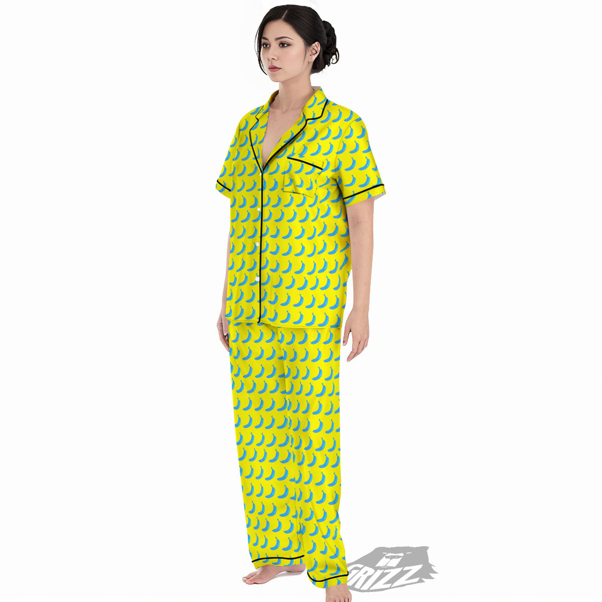Banana Yellow And Blue Print Pattern Women's Pajamas Set-grizzshop