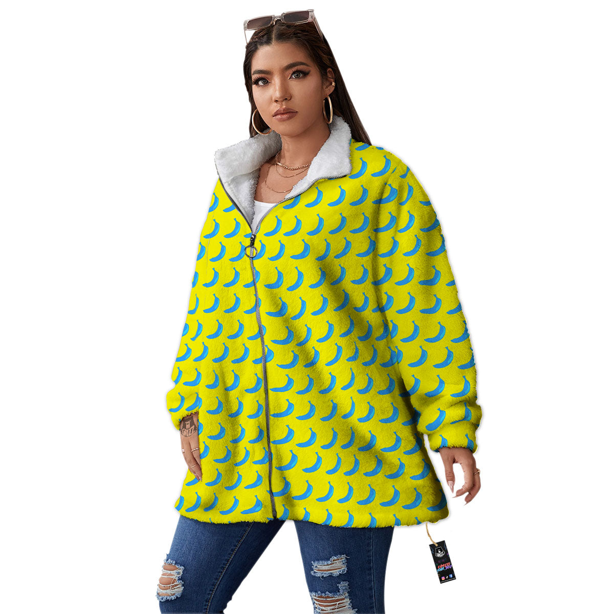 Banana Yellow And Blue Print Pattern Women's Sherpa Jacket-grizzshop