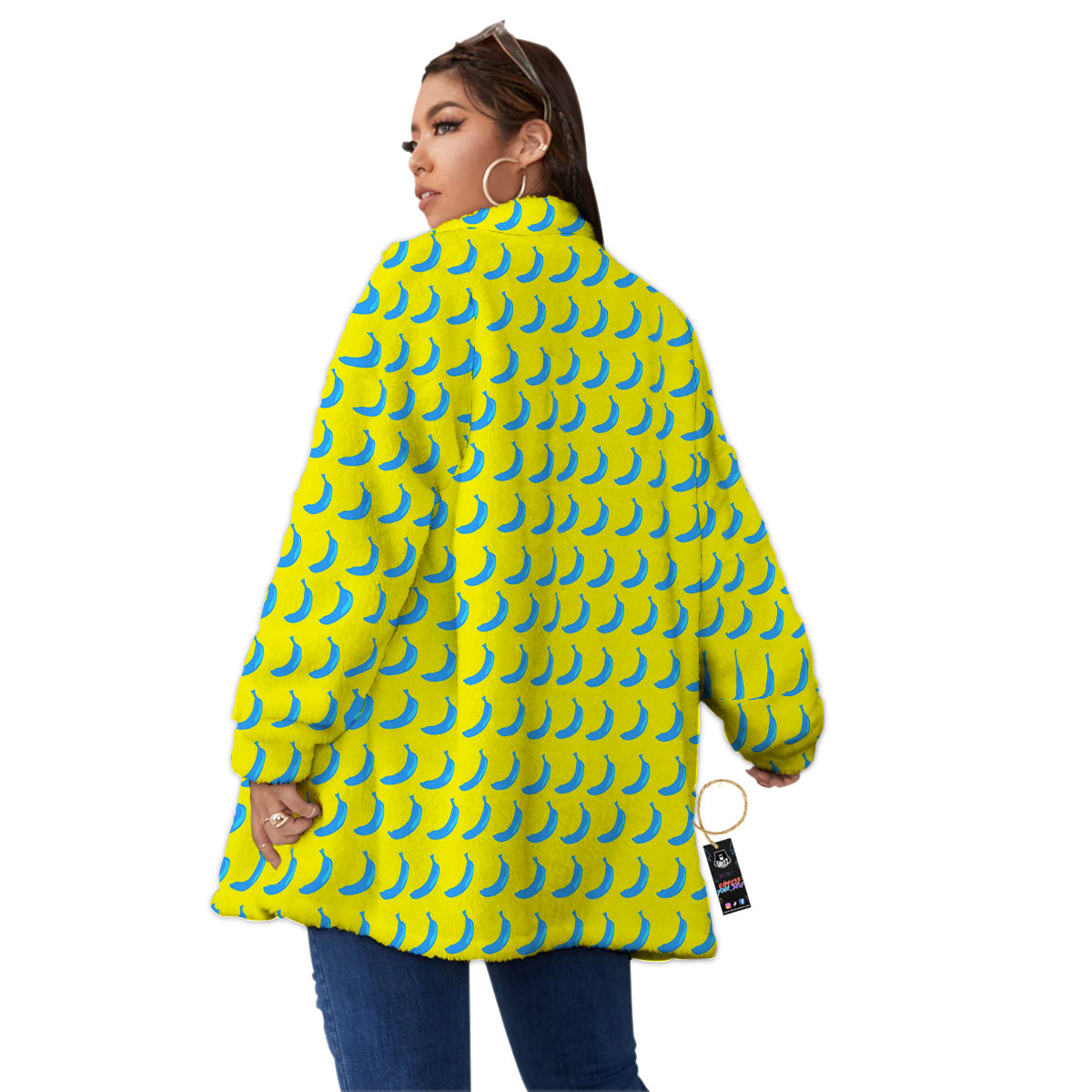 Banana Yellow And Blue Print Pattern Women's Sherpa Jacket-grizzshop