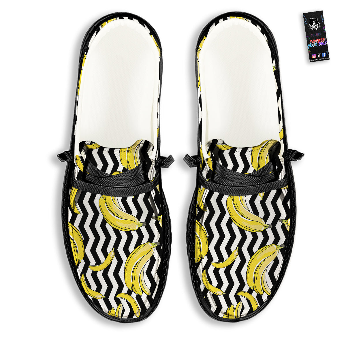 Banana Zigzag Print Pattern Black Loafers-grizzshop