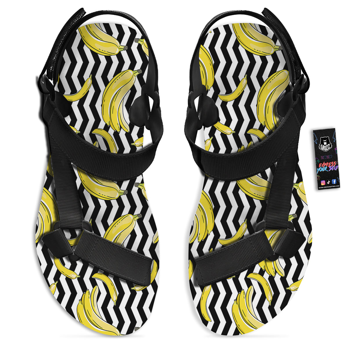 Banana Zigzag Print Pattern Black Open Toe Sandals-grizzshop
