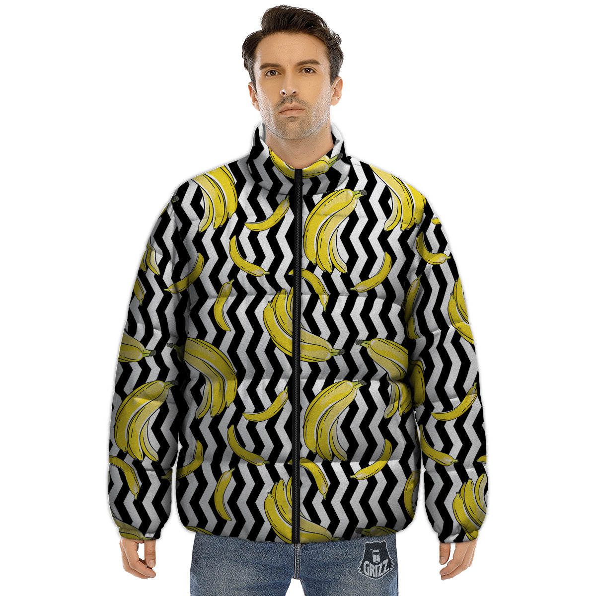 Banana Zigzag Print Pattern Puffer Jacket-grizzshop