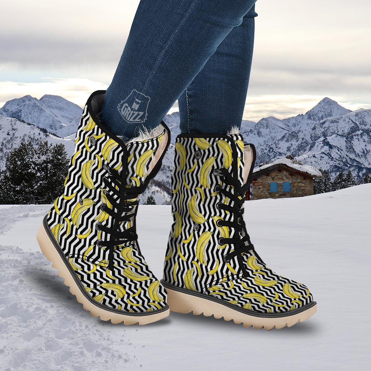 Banana Zigzag Print Pattern Snow Boots-grizzshop