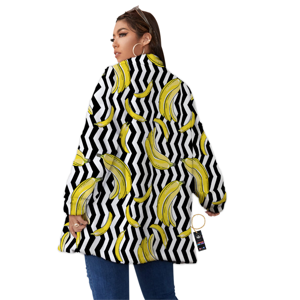Banana Zigzag Print Pattern Women's Sherpa Jacket-grizzshop