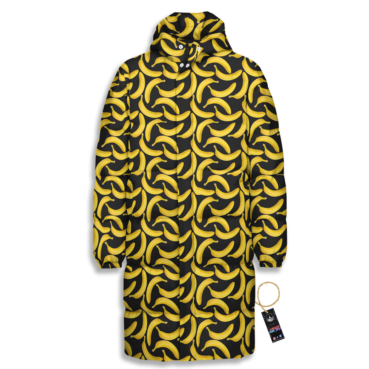 Banana Black Print Pattern Long Down Jacket