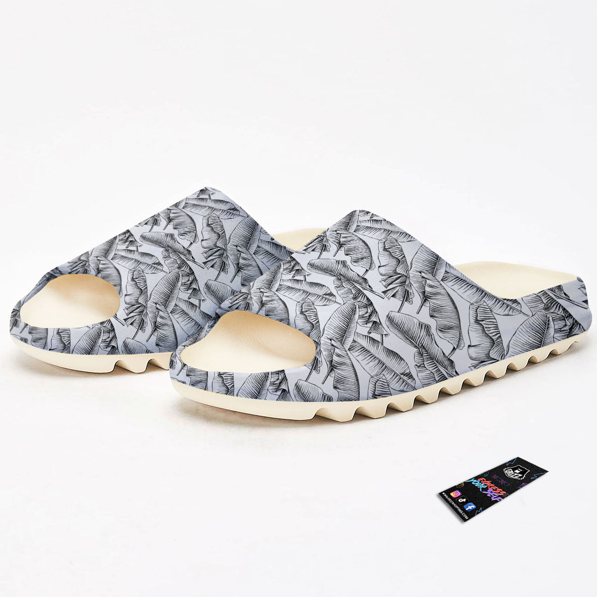 Banana Leaf White And Black Print Sandals-grizzshop