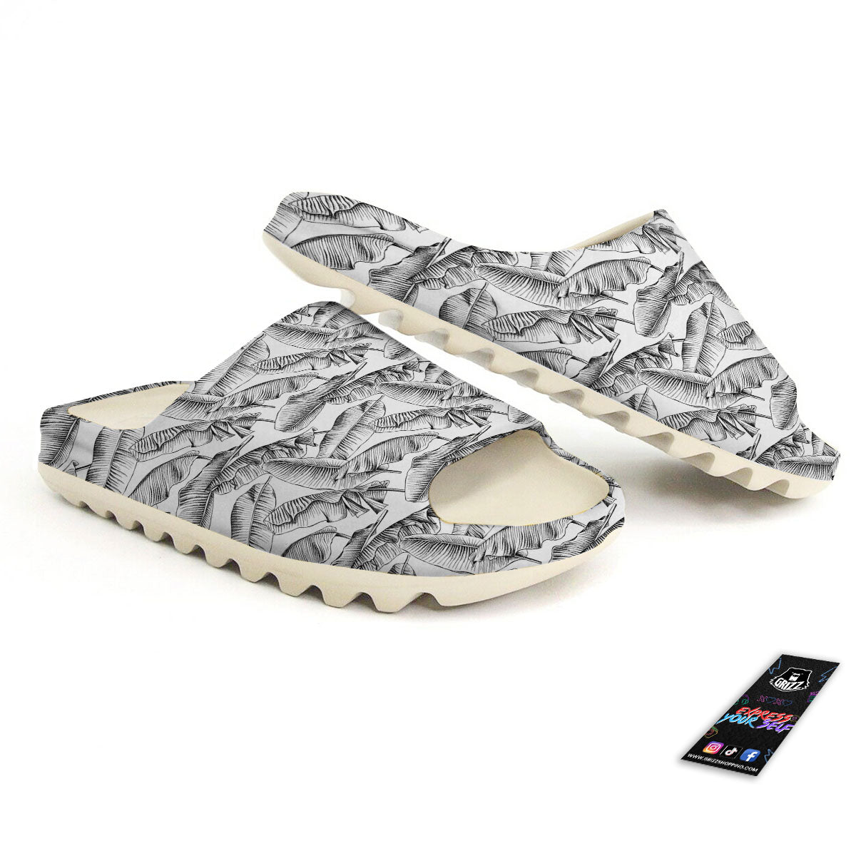 Banana Leaf White And Black Print Sandals-grizzshop