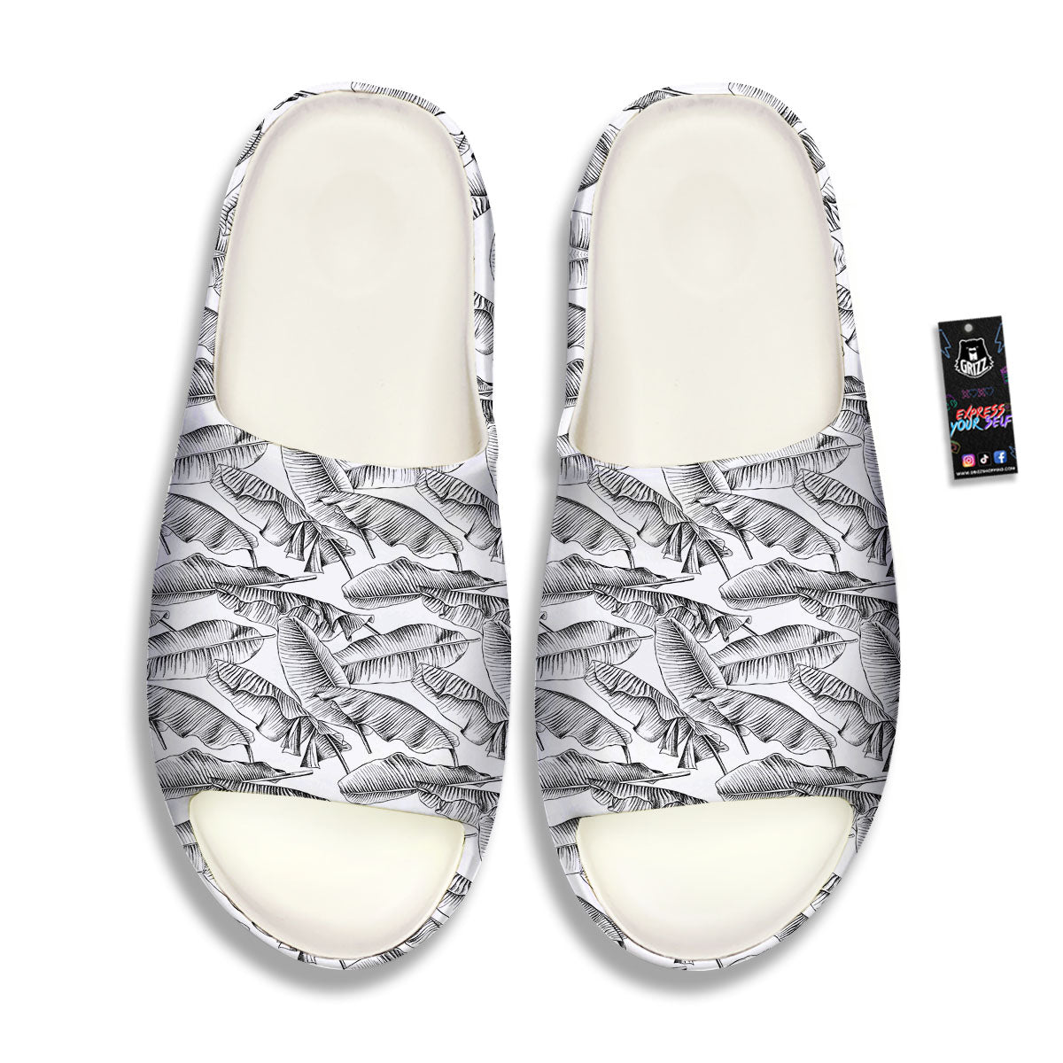 Banana Leaf White And Black Print Sandals-grizzshop