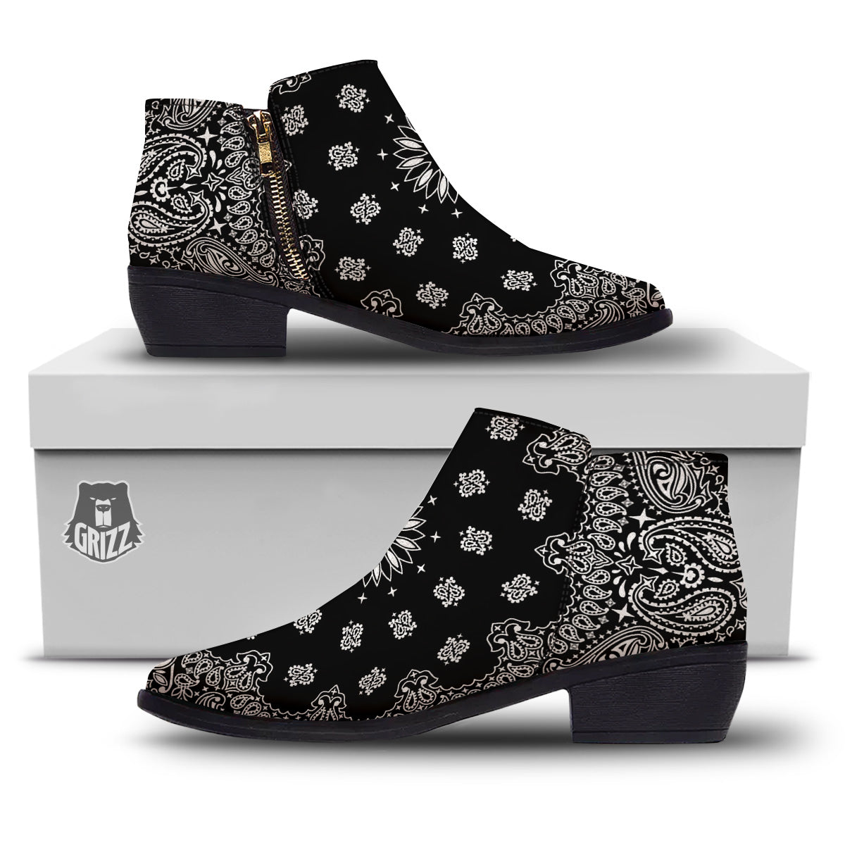 Bandana Black Paisley Print Ankle Boots-grizzshop
