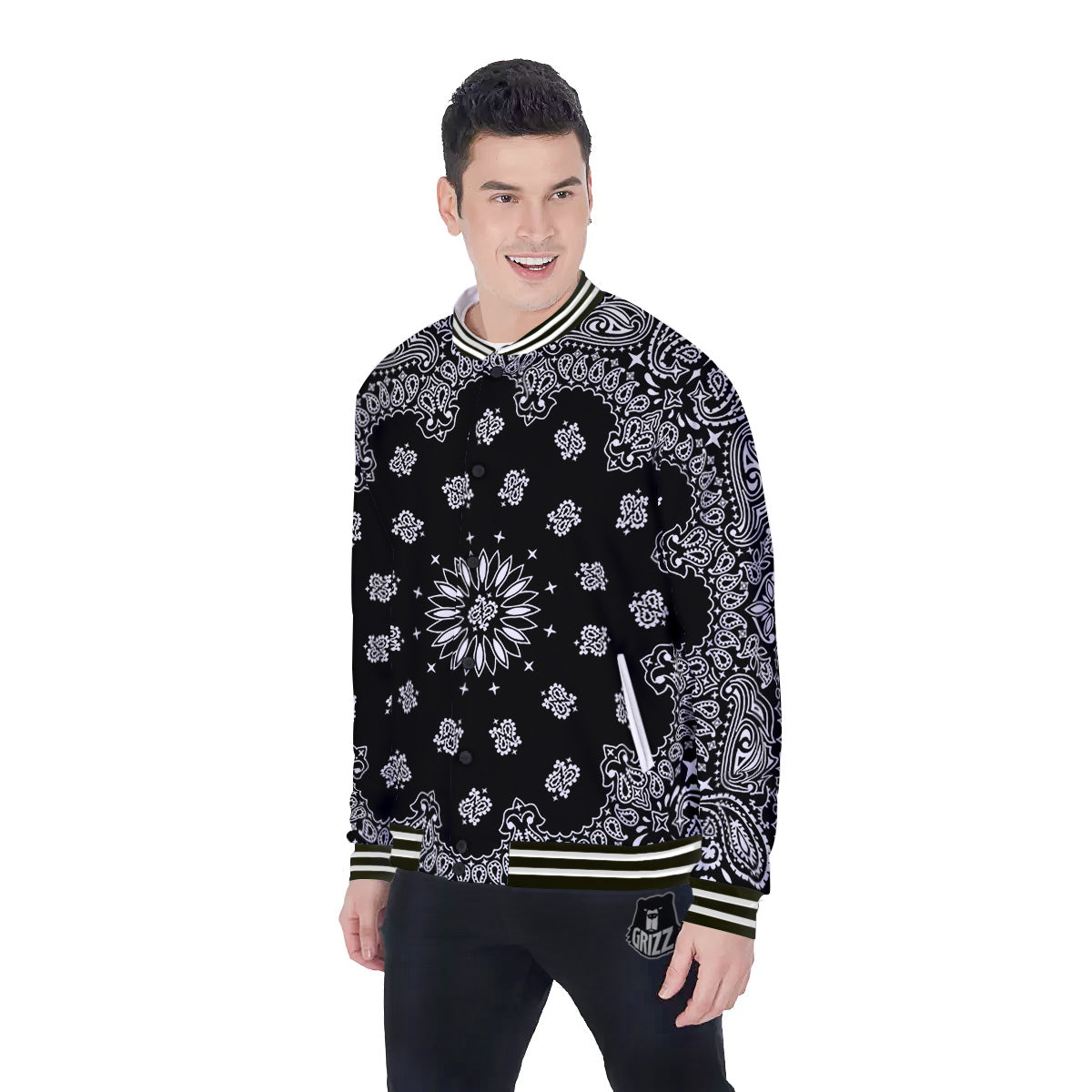 Bandana Black Paisley Print Baseball Jacket-grizzshop