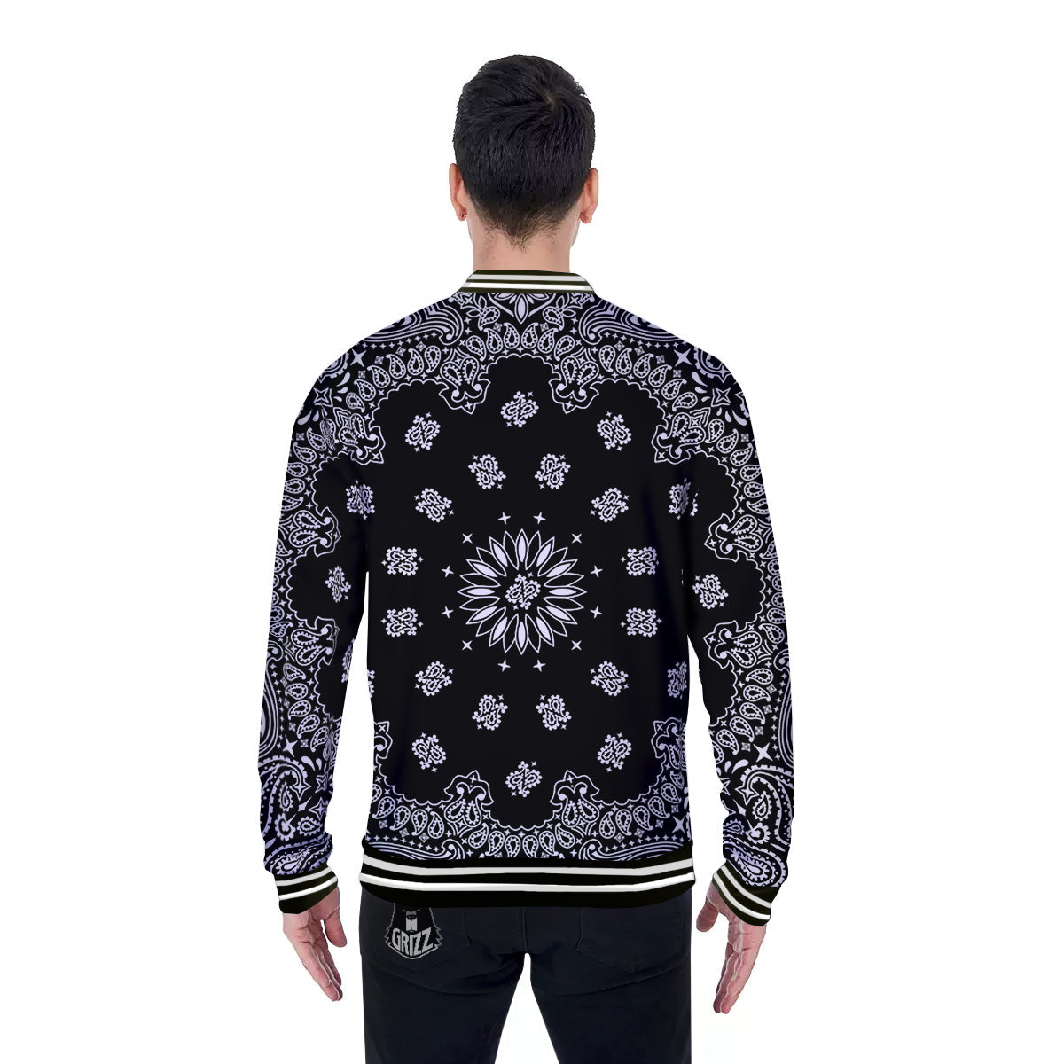 Bandana Black Paisley Print Baseball Jacket-grizzshop