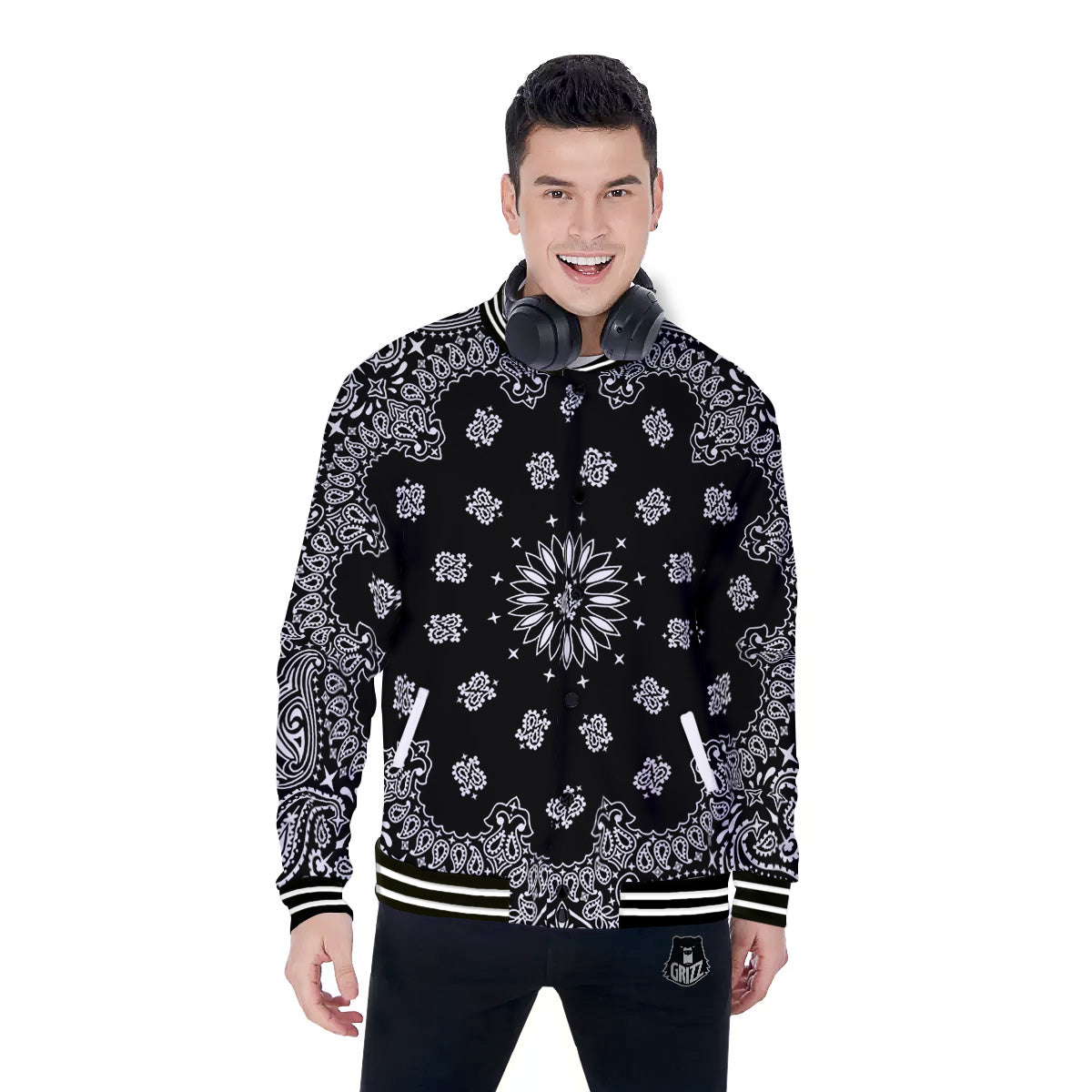 Bandana Black Paisley Print Baseball Jacket-grizzshop