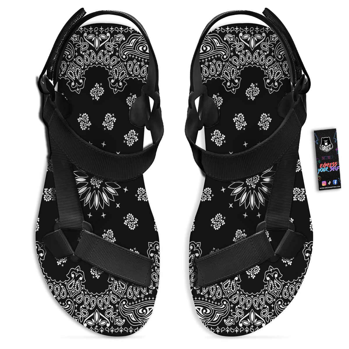 Bandana Black Paisley Print Black Open Toe Sandals-grizzshop