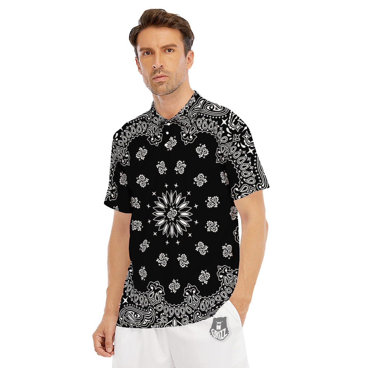 Bandana Black Paisley Print Men's Golf Shirts-grizzshop