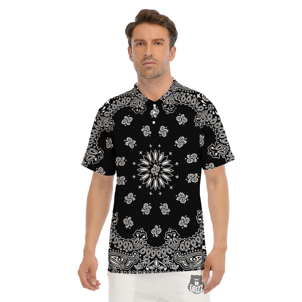 Bandana Black Paisley Print Men's Golf Shirts-grizzshop