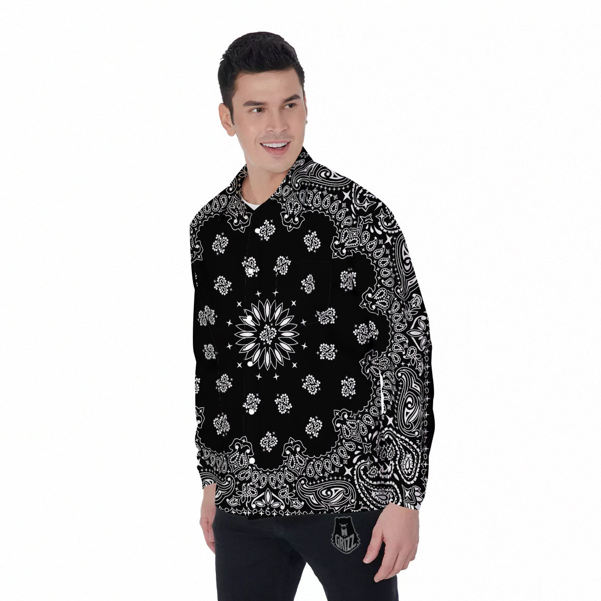 Bandana Black Paisley Print Men's Long Sleeve Shirts-grizzshop