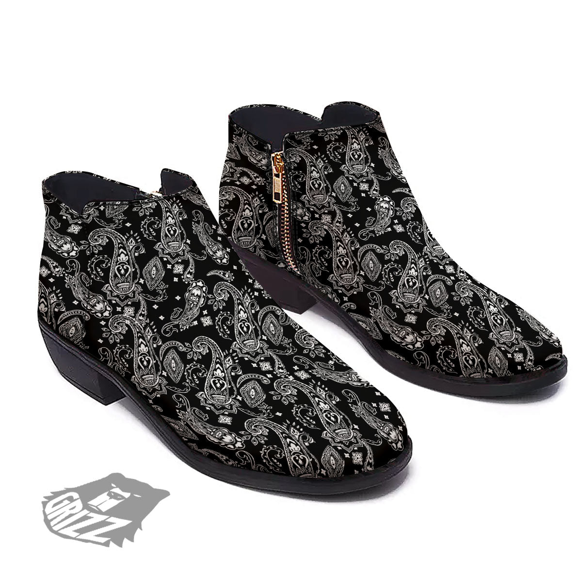 Bandana Black Paisley Print Pattern Ankle Boots-grizzshop