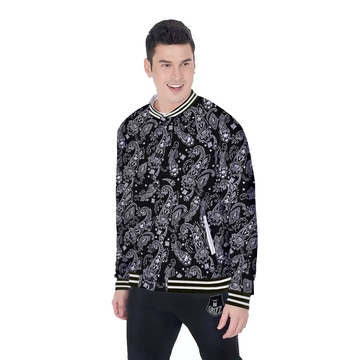 Bandana Black Paisley Print Pattern Baseball Jacket-grizzshop