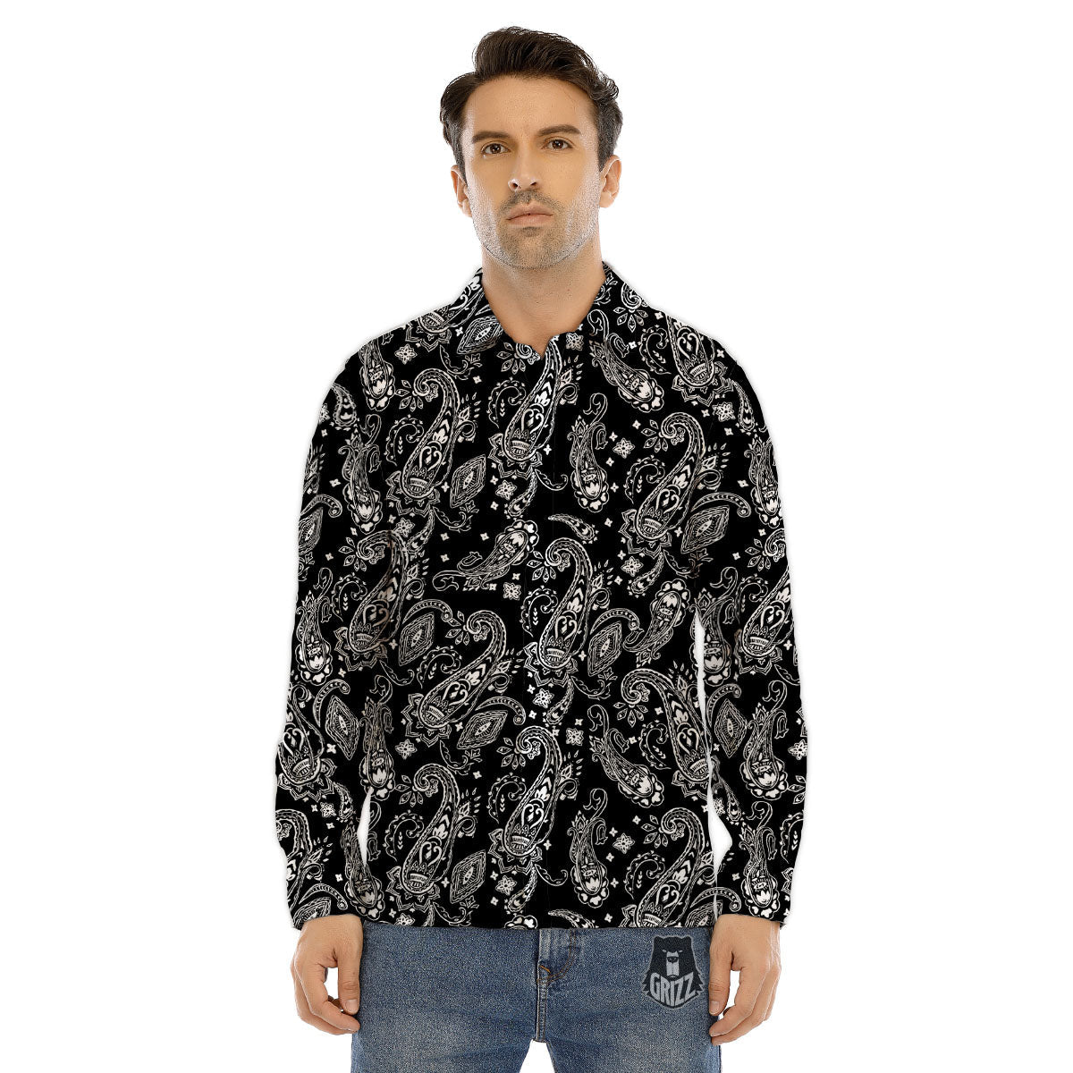 Bandana Black Paisley Print Pattern Men's Dress Shirts-grizzshop