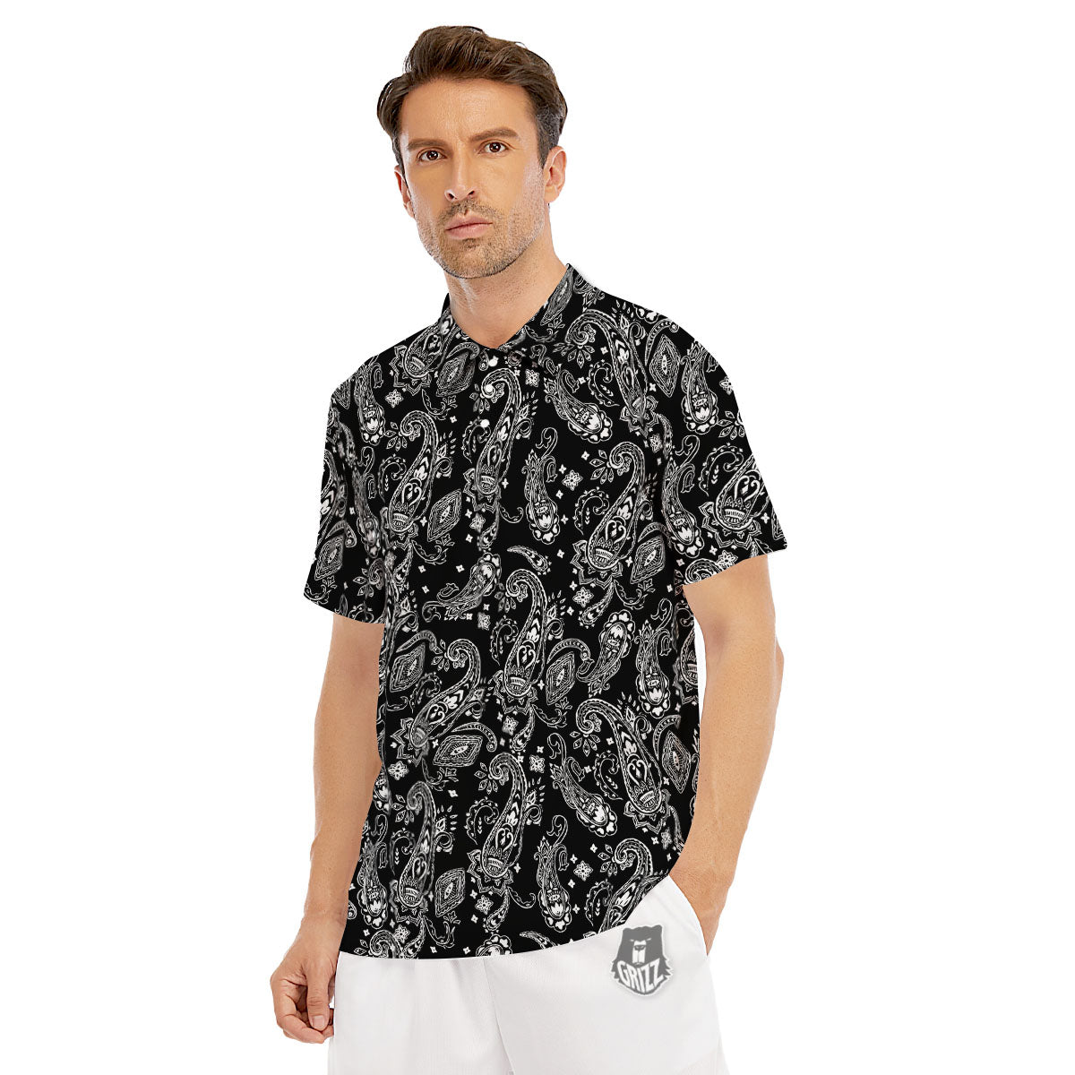 Bandana Black Paisley Print Pattern Men's Golf Shirts-grizzshop