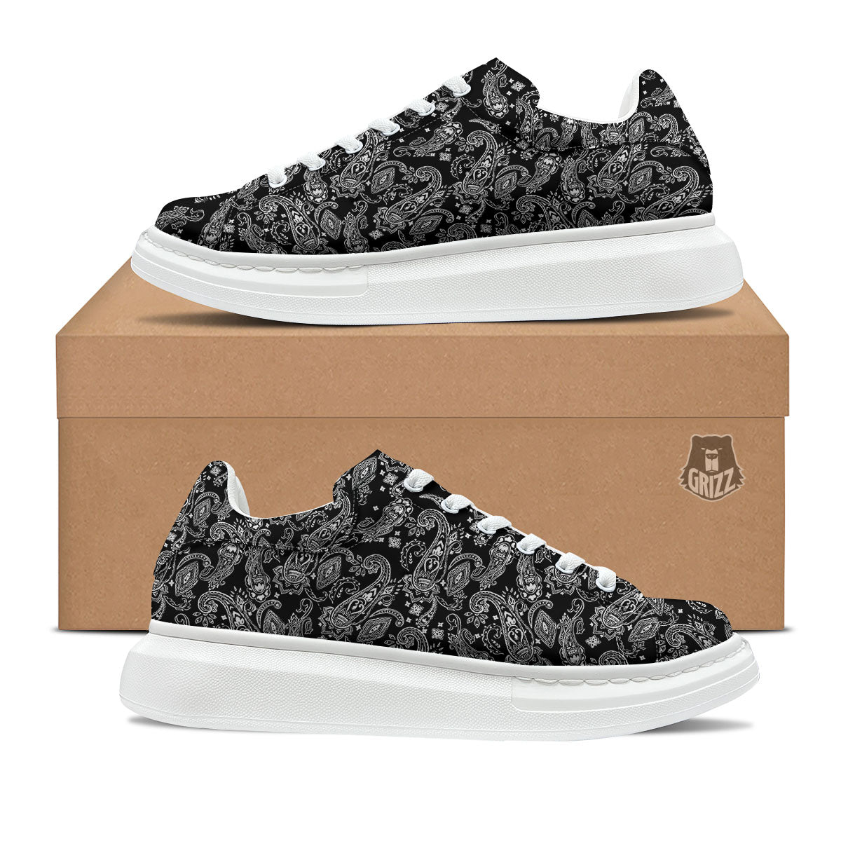 Bandana Black Paisley Print Pattern Platform Shoes-grizzshop
