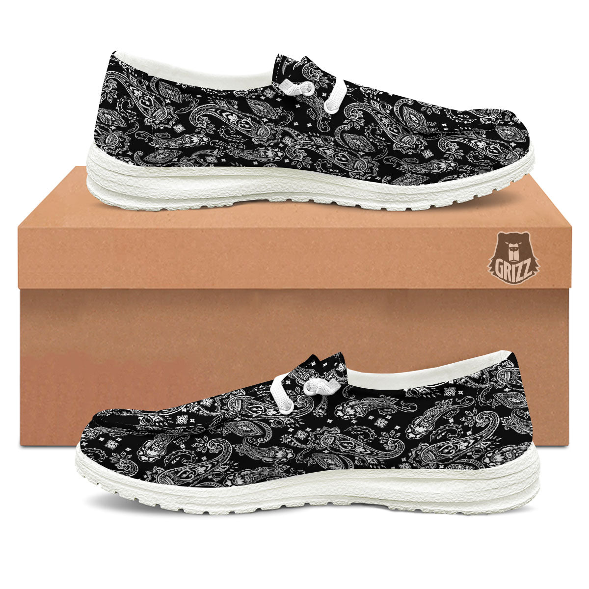 Bandana Black Paisley Print Pattern White Loafers-grizzshop