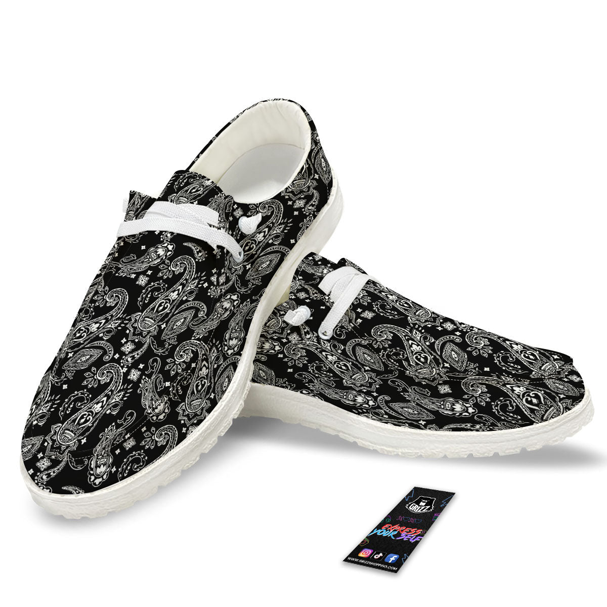 Bandana Black Paisley Print Pattern White Loafers-grizzshop