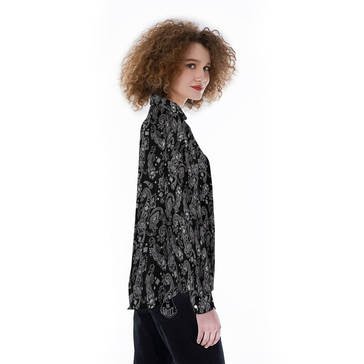 Bandana Black Paisley Print Pattern Women's Long Sleeve Shirts-grizzshop
