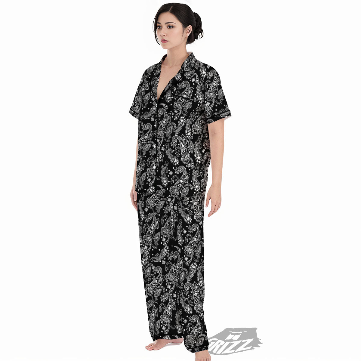 Bandana Black Paisley Print Pattern Women's Pajamas Set-grizzshop