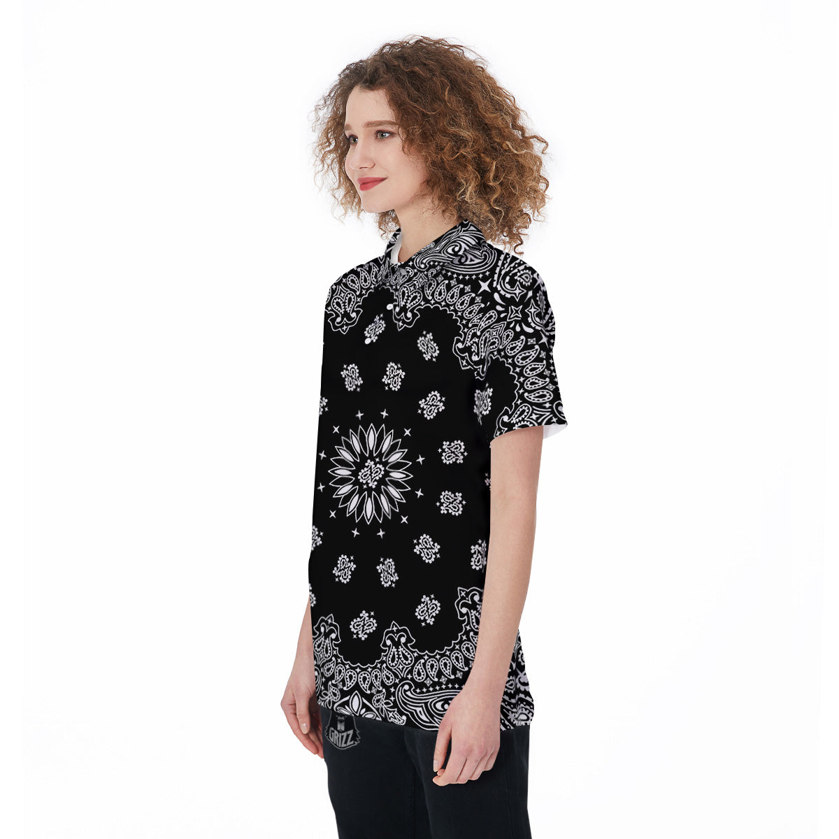 Bandana Black Paisley Print Women's Golf Shirts-grizzshop