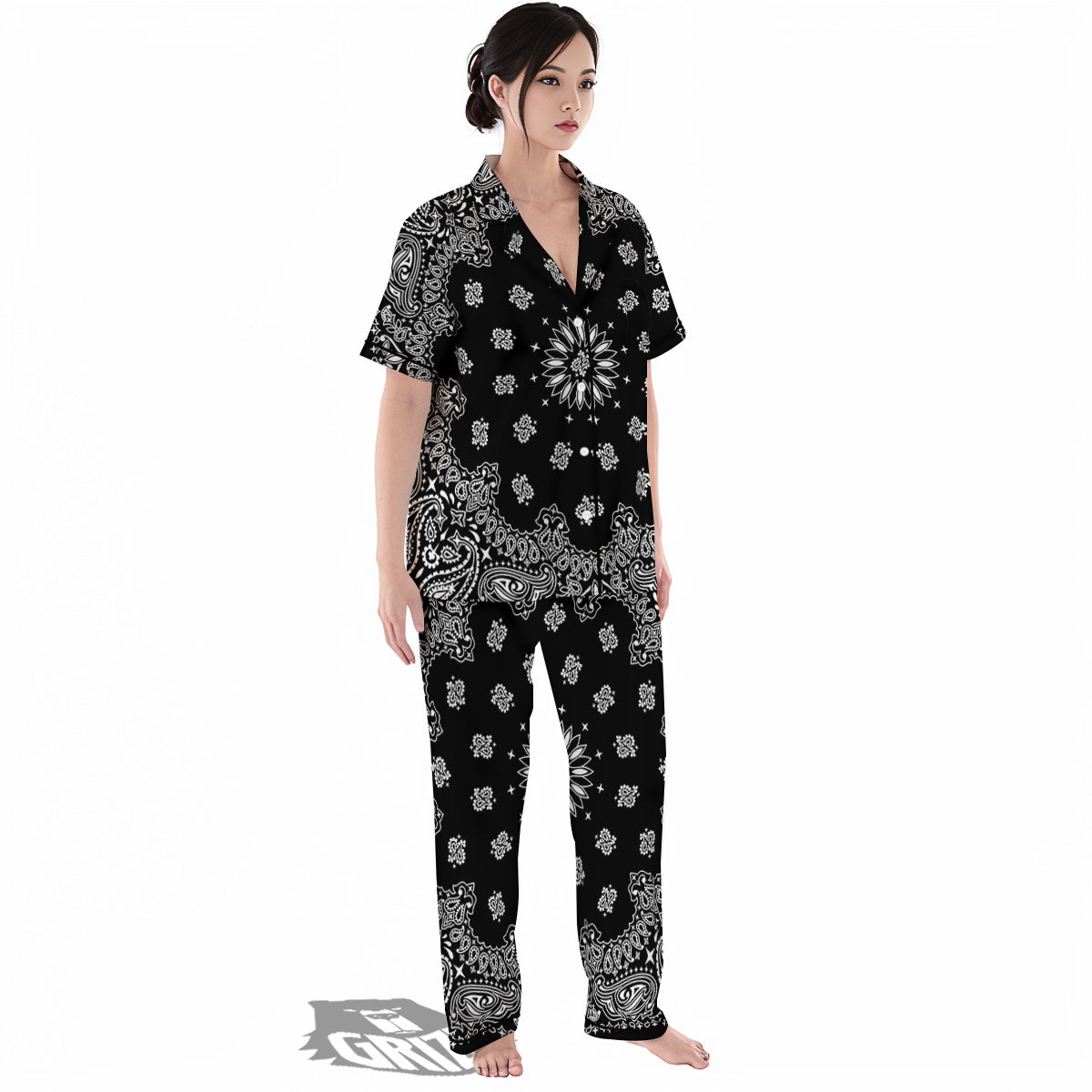 Bandana Black Paisley Print Women's Pajamas Set-grizzshop