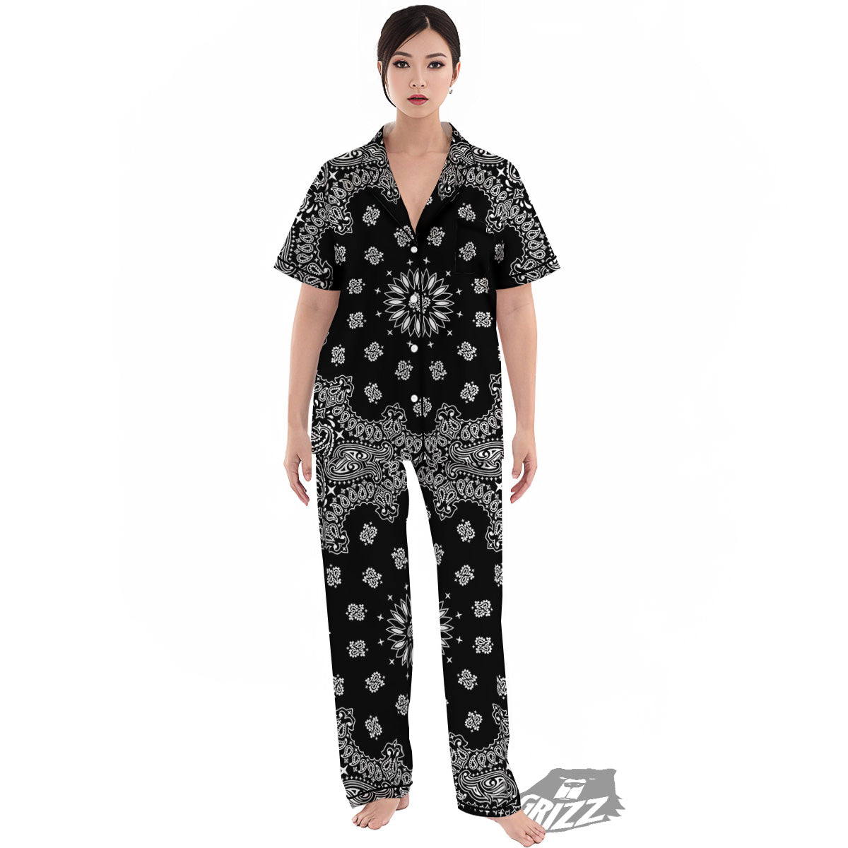 Bandana Black Paisley Print Women's Pajamas Set-grizzshop