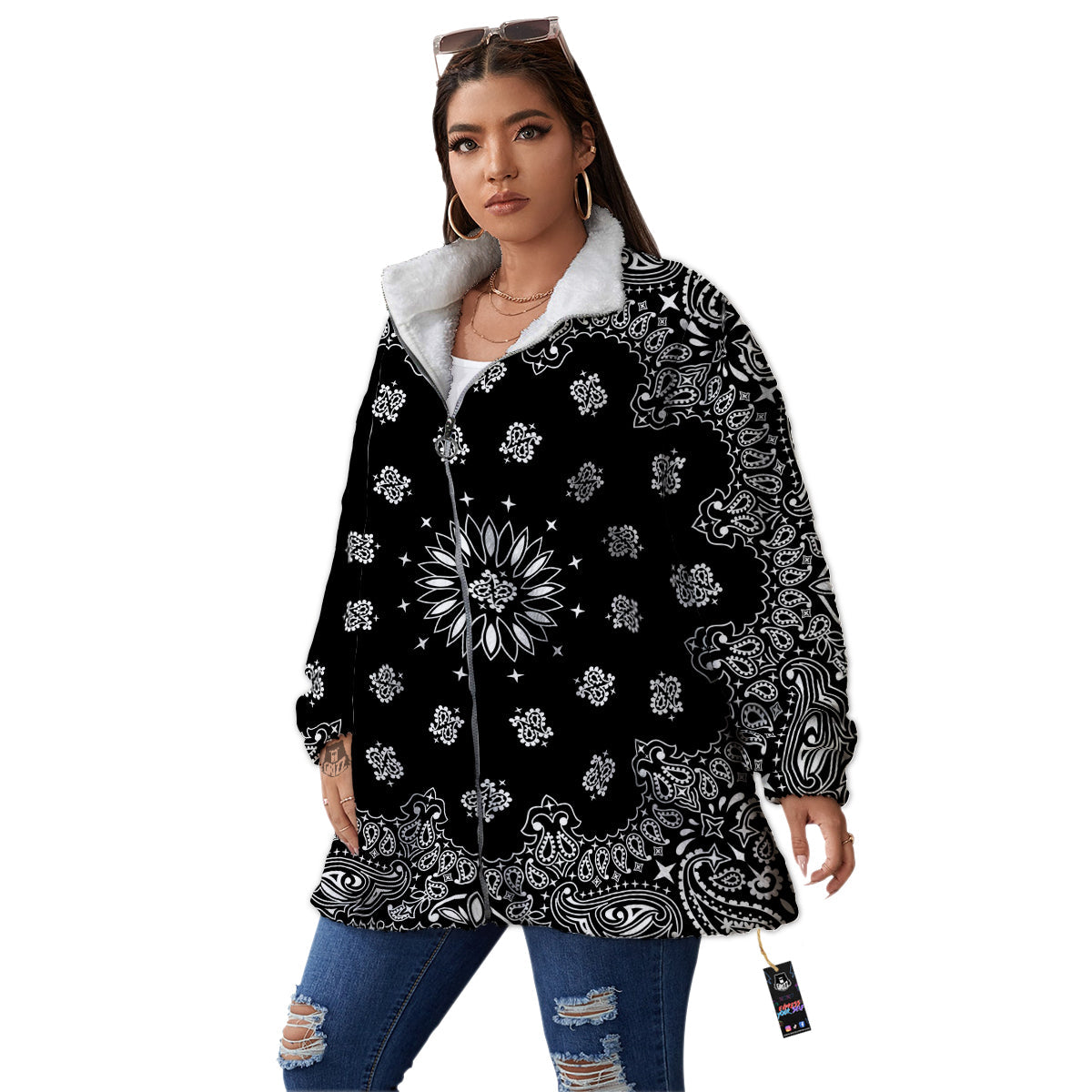 Bandana Black Paisley Print Women's Sherpa Jacket-grizzshop